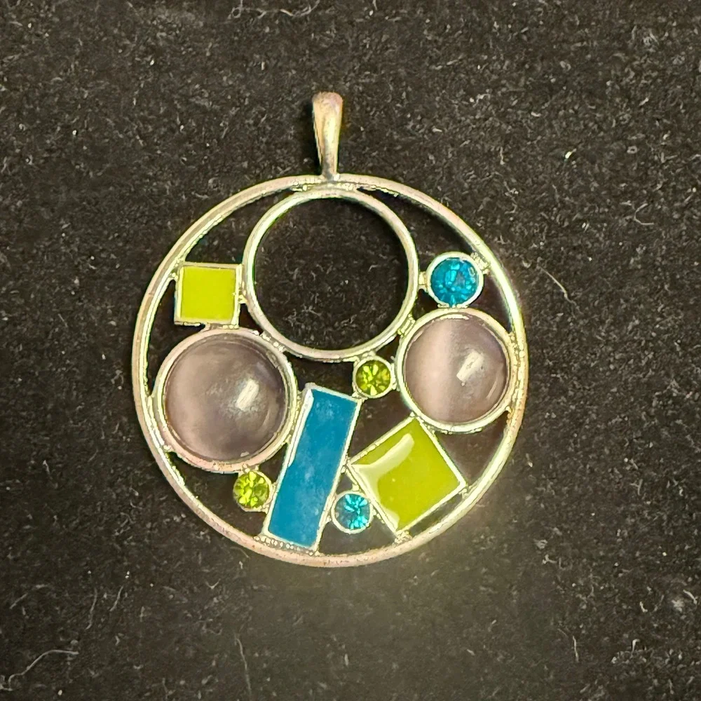 Geometric‎ Silver Tone Pendant Cats Eye Enamel Mixed Shapes Blue Green Grey 2